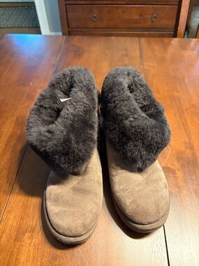 UGG Women's Brown Suede Ankle Booties with Dark Fur Cuff